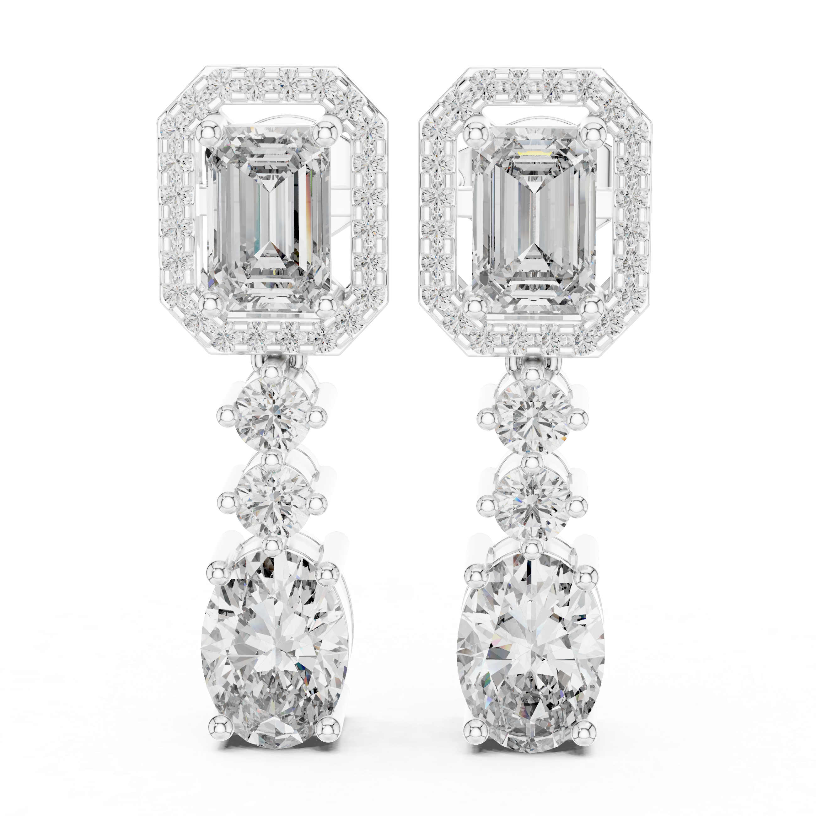 Emerald Halo & Oval Drop Diamond Earrings