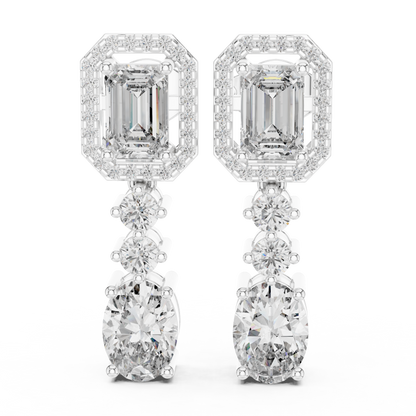Emerald Halo & Oval Drop Diamond Earrings