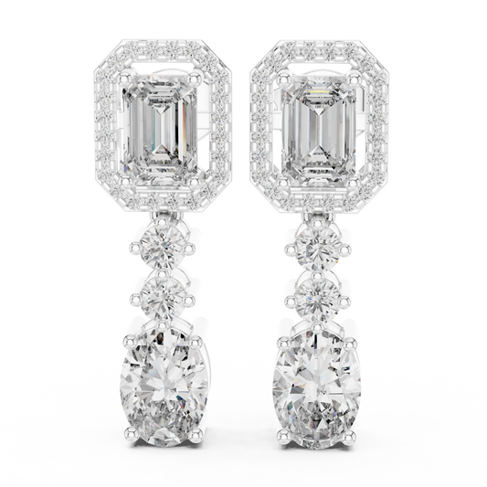Emerald Halo & Oval Drop Diamond Earrings