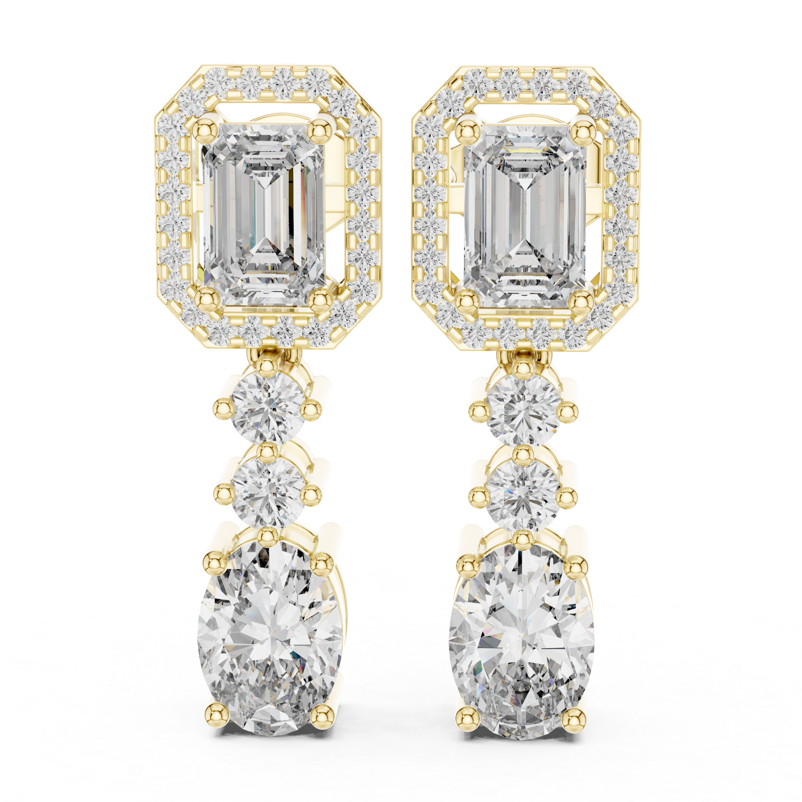 Emerald Halo & Oval Drop Diamond Earrings