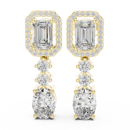 Emerald Halo & Oval Drop Diamond Earrings