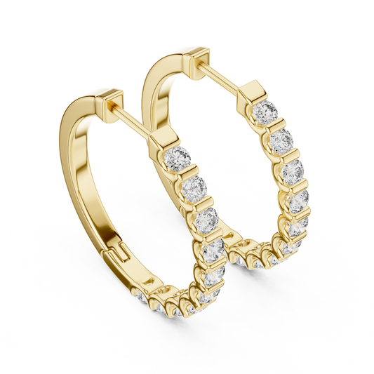 Shared-Bar Round Diamond Geometric Huggie Hoop Earrings
