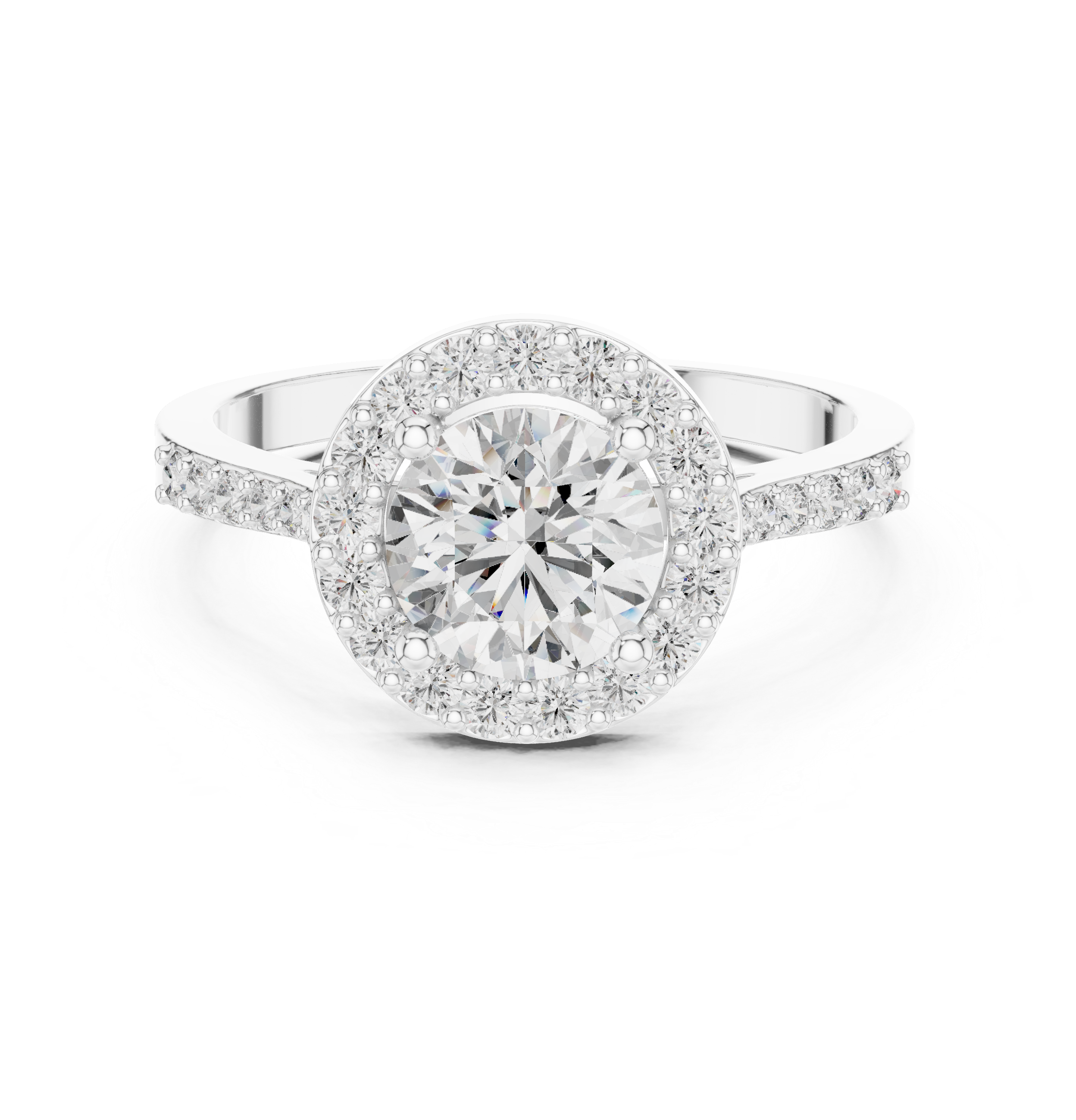 Classic Round Diamond Halo Engagement Ring with Pavé Band