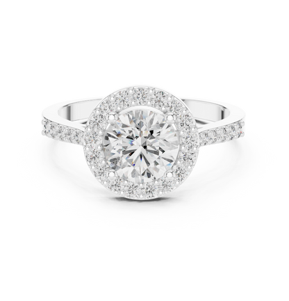 Classic Round Diamond Halo Engagement Ring with Pavé Band