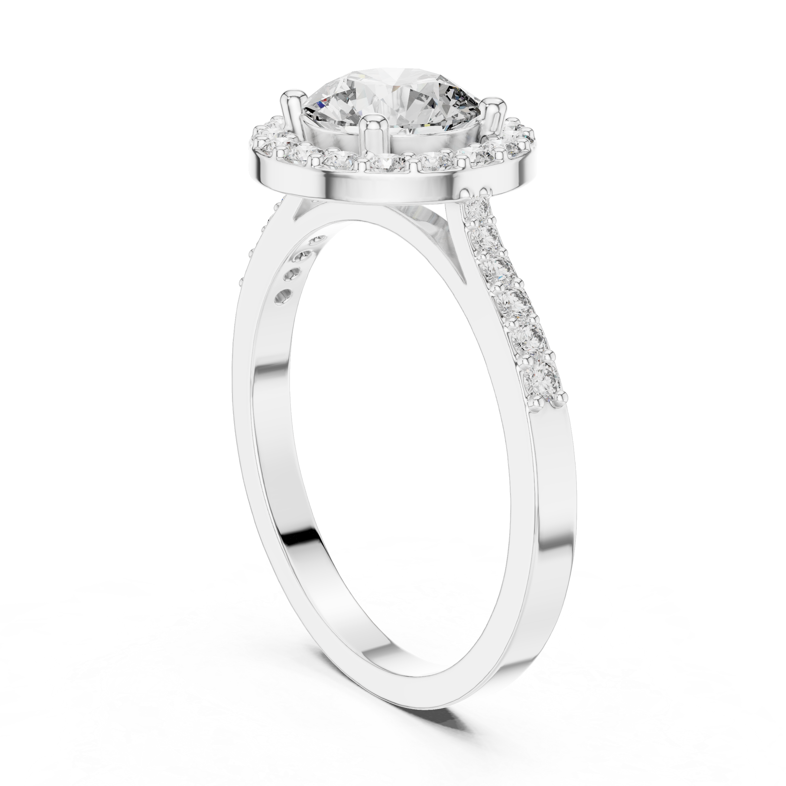 Classic Round Diamond Halo Engagement Ring with Pavé Band