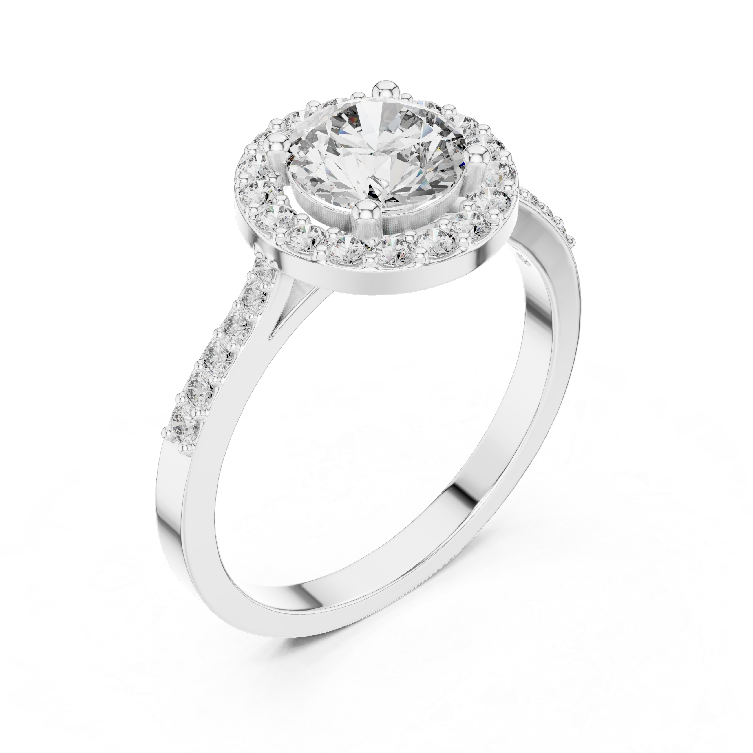 Classic Round Diamond Halo Engagement Ring with Pavé Band