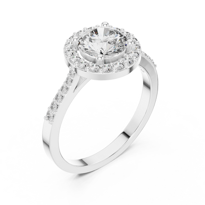 Classic Round Diamond Halo Engagement Ring with Pavé Band