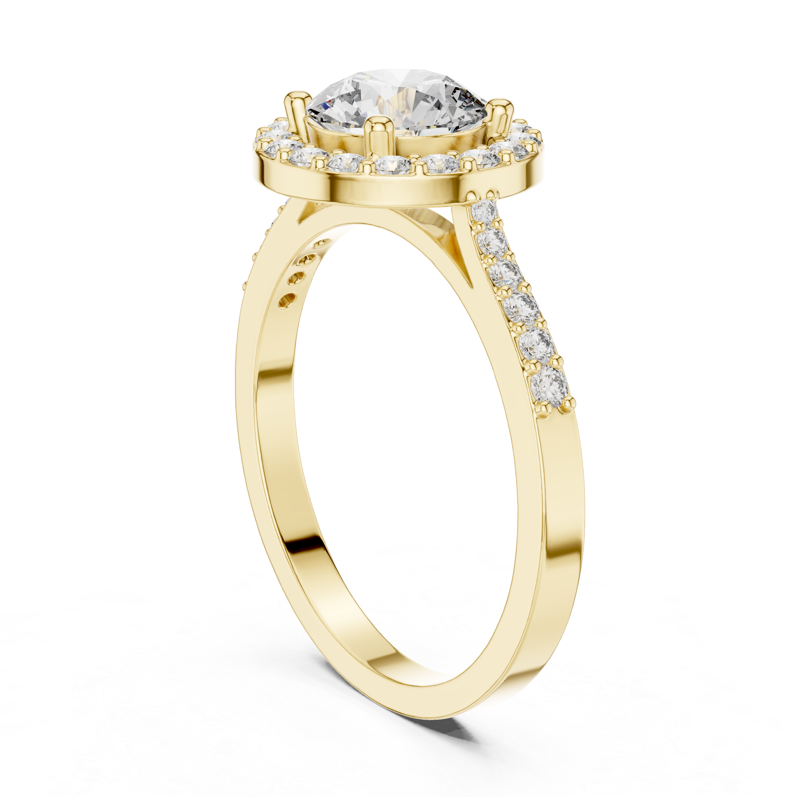 Classic Round Diamond Halo Engagement Ring with Pavé Band