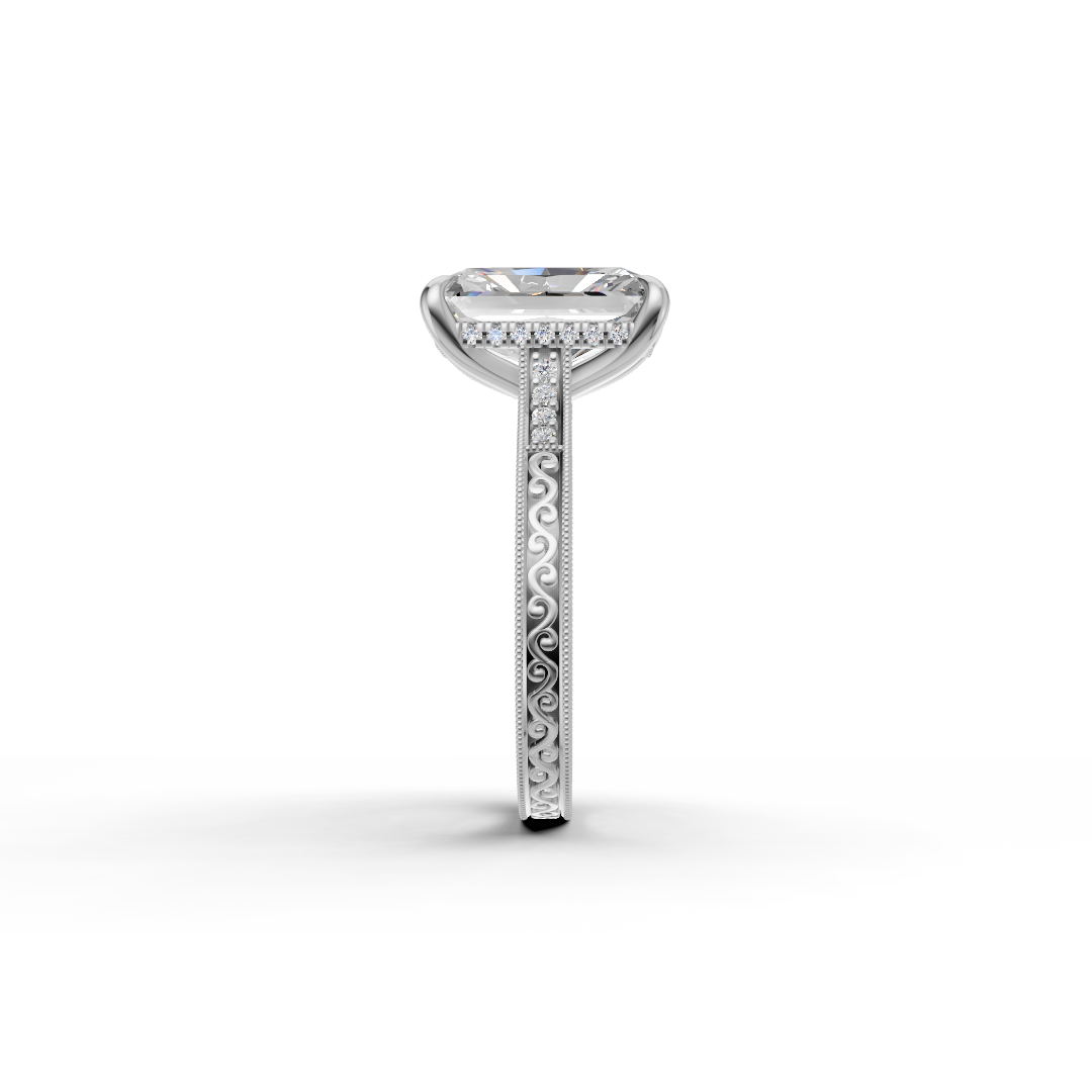 Radiant Cut Diamond Solitaire Ring with Vintage Filigree Band