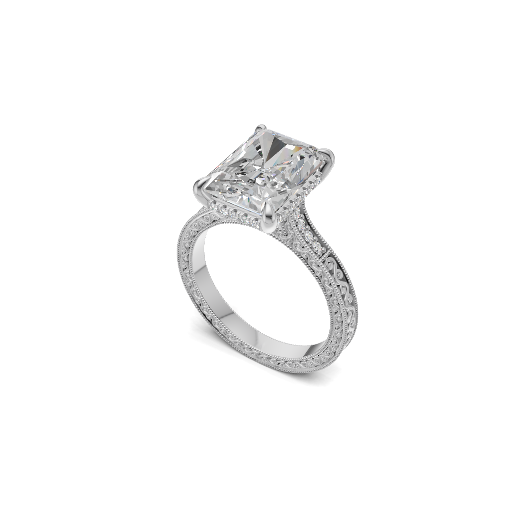 Radiant Cut Diamond Solitaire Ring with Vintage Filigree Band