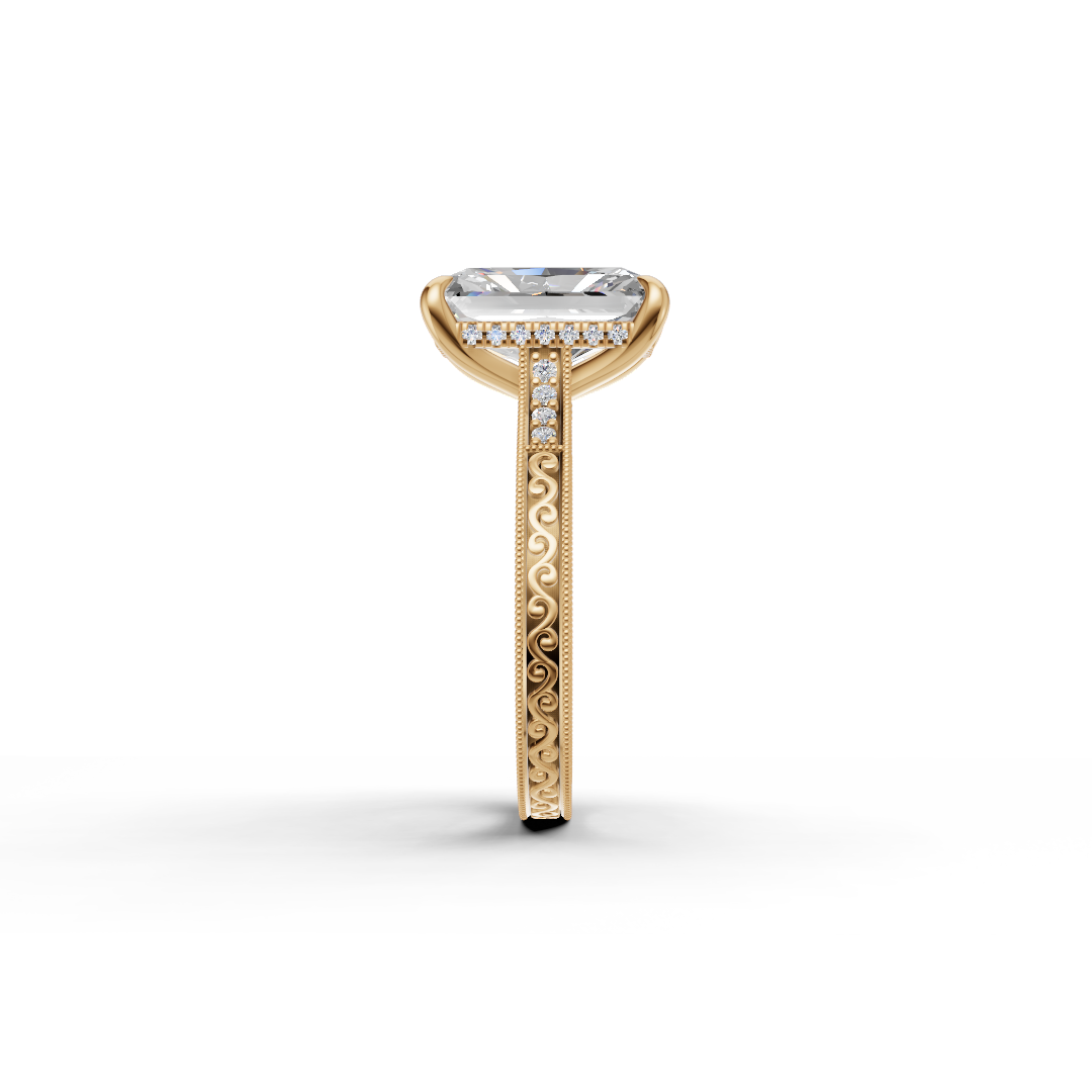 Radiant Cut Diamond Solitaire Ring with Vintage Filigree Band