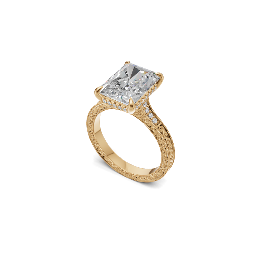 Radiant Cut Diamond Solitaire Ring with Vintage Filigree Band