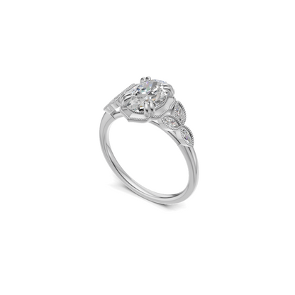 Oval Solitaire Diamond Ring with Marquise Leaf Shoulders