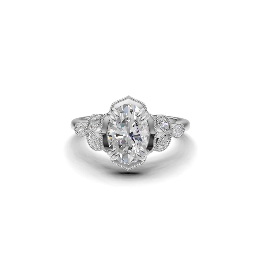 Oval Solitaire Diamond Ring with Marquise Leaf Shoulders