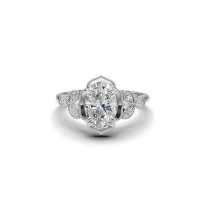 Oval Solitaire Diamond Ring with Marquise Leaf Shoulders