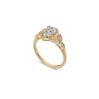 Oval Solitaire Diamond Ring with Marquise Leaf Shoulders
