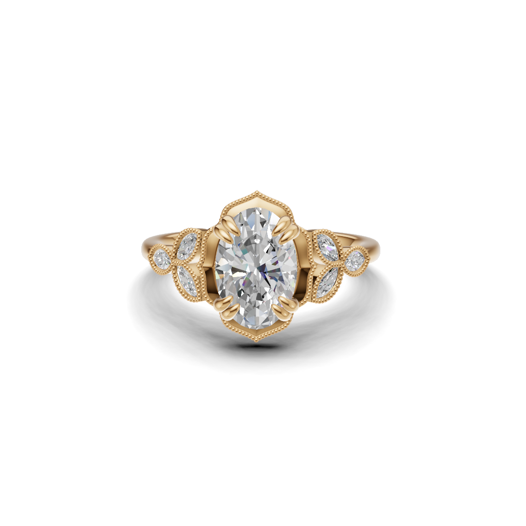 Oval Solitaire Diamond Ring with Marquise Leaf Shoulders