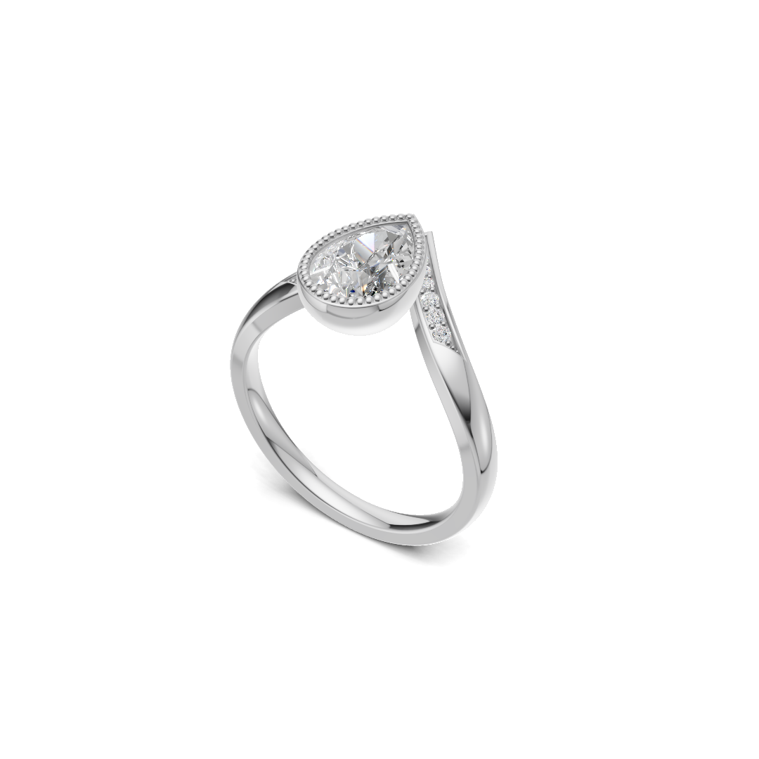 Pear Cut Diamond Milgrain Bezel Ring with Pavé Chevron Band
