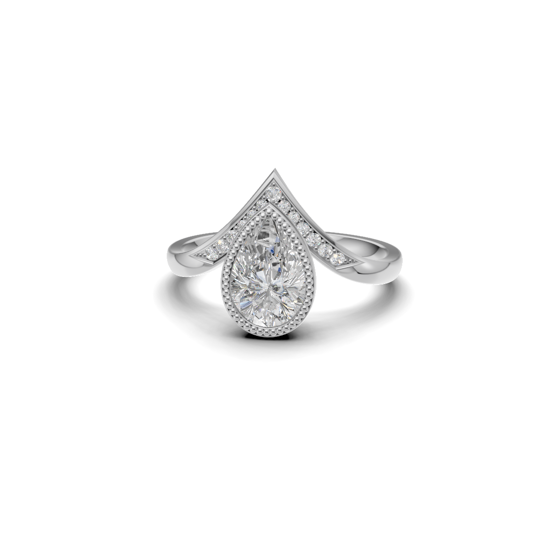 Pear Cut Diamond Milgrain Bezel Ring with Pavé Chevron Band