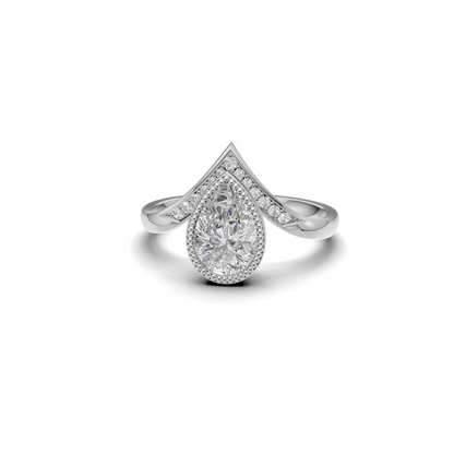 Pear Cut Diamond Milgrain Bezel Ring with Pavé Chevron Band