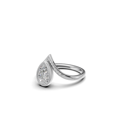 Pear Cut Diamond Milgrain Bezel Ring with Pavé Chevron Band