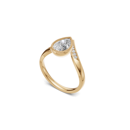 Pear Cut Diamond Milgrain Bezel Ring with Pavé Chevron Band