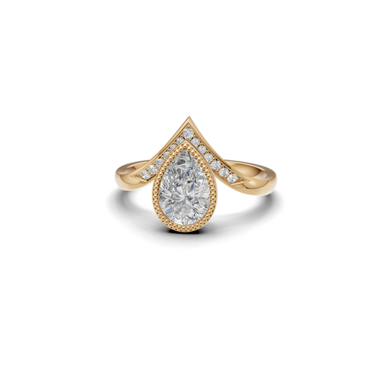 Pear Cut Diamond Milgrain Bezel Ring with Pavé Chevron Band