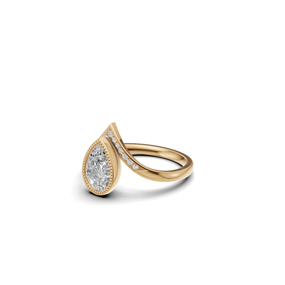 Pear Cut Diamond Milgrain Bezel Ring with Pavé Chevron Band