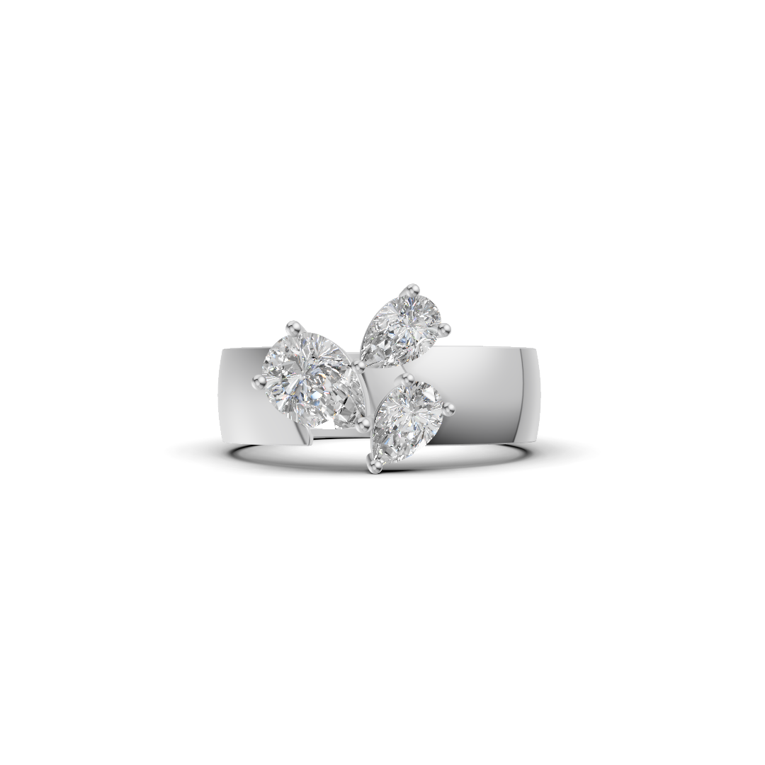 Three-Stone Pear Cut Diamond Botanical Cluster Ring