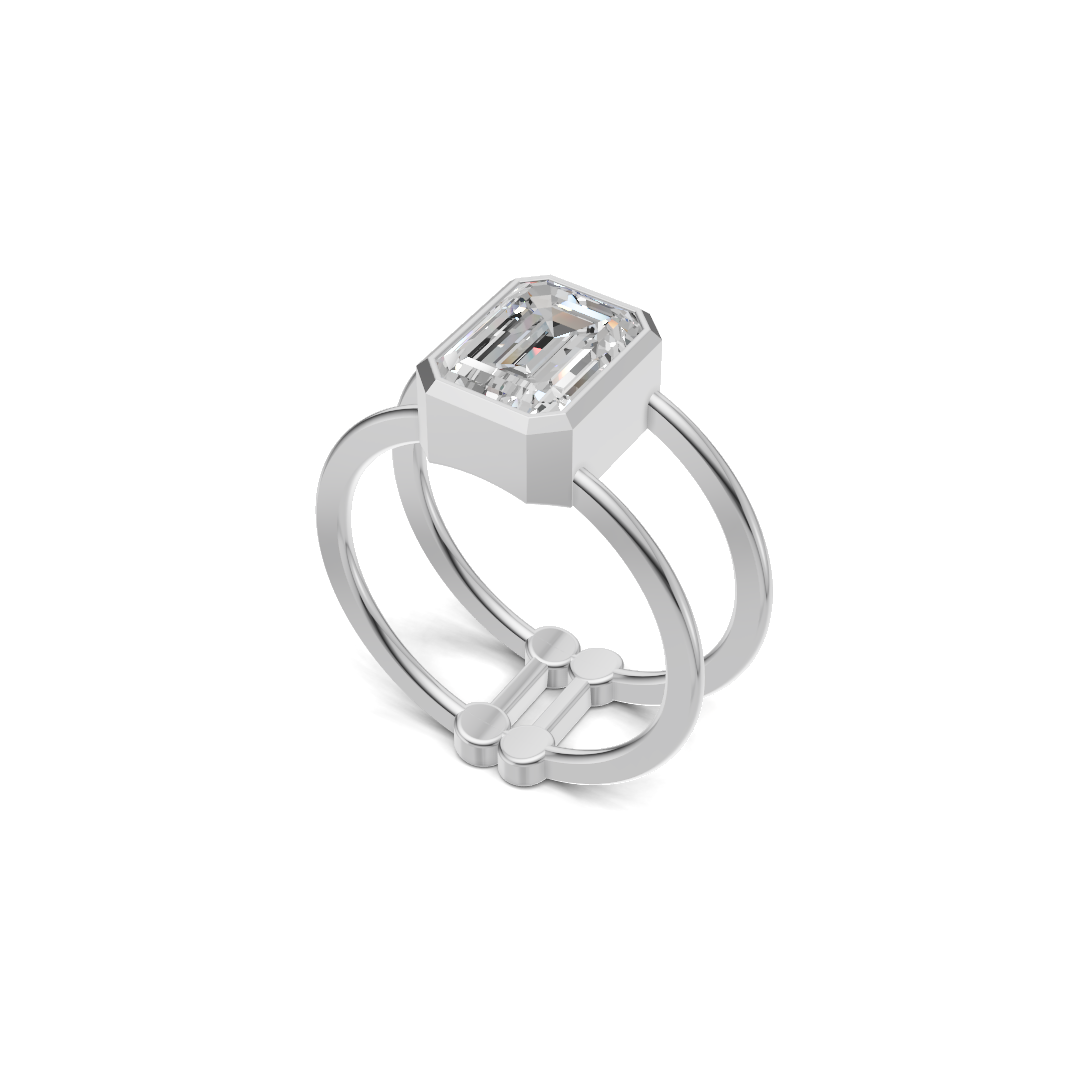 Emerald Cut Diamond Bezel Solitaire Double-Band Ring