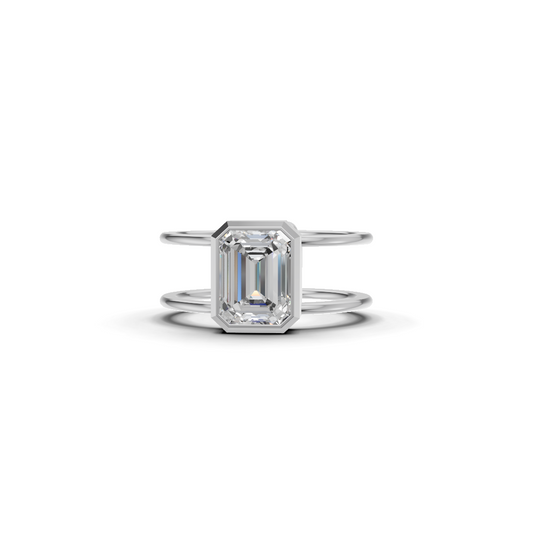 Emerald Cut Diamond Bezel Solitaire Double-Band Ring