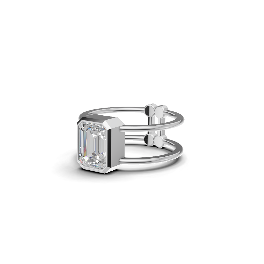 Emerald Cut Diamond Bezel Solitaire Double-Band Ring