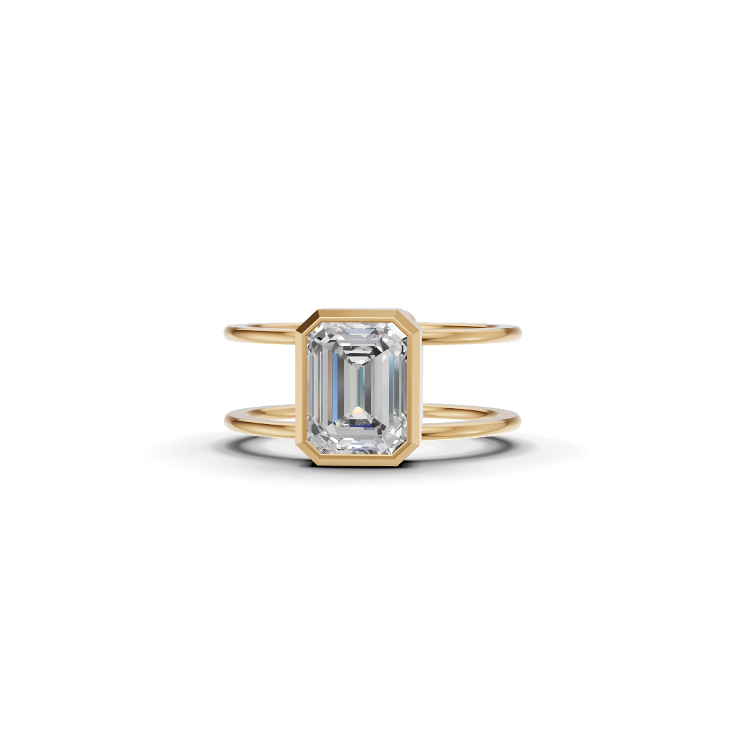 Emerald Cut Diamond Bezel Solitaire Double-Band Ring