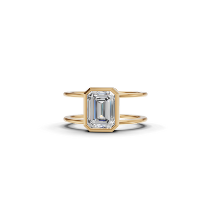 Emerald Cut Diamond Bezel Solitaire Double-Band Ring