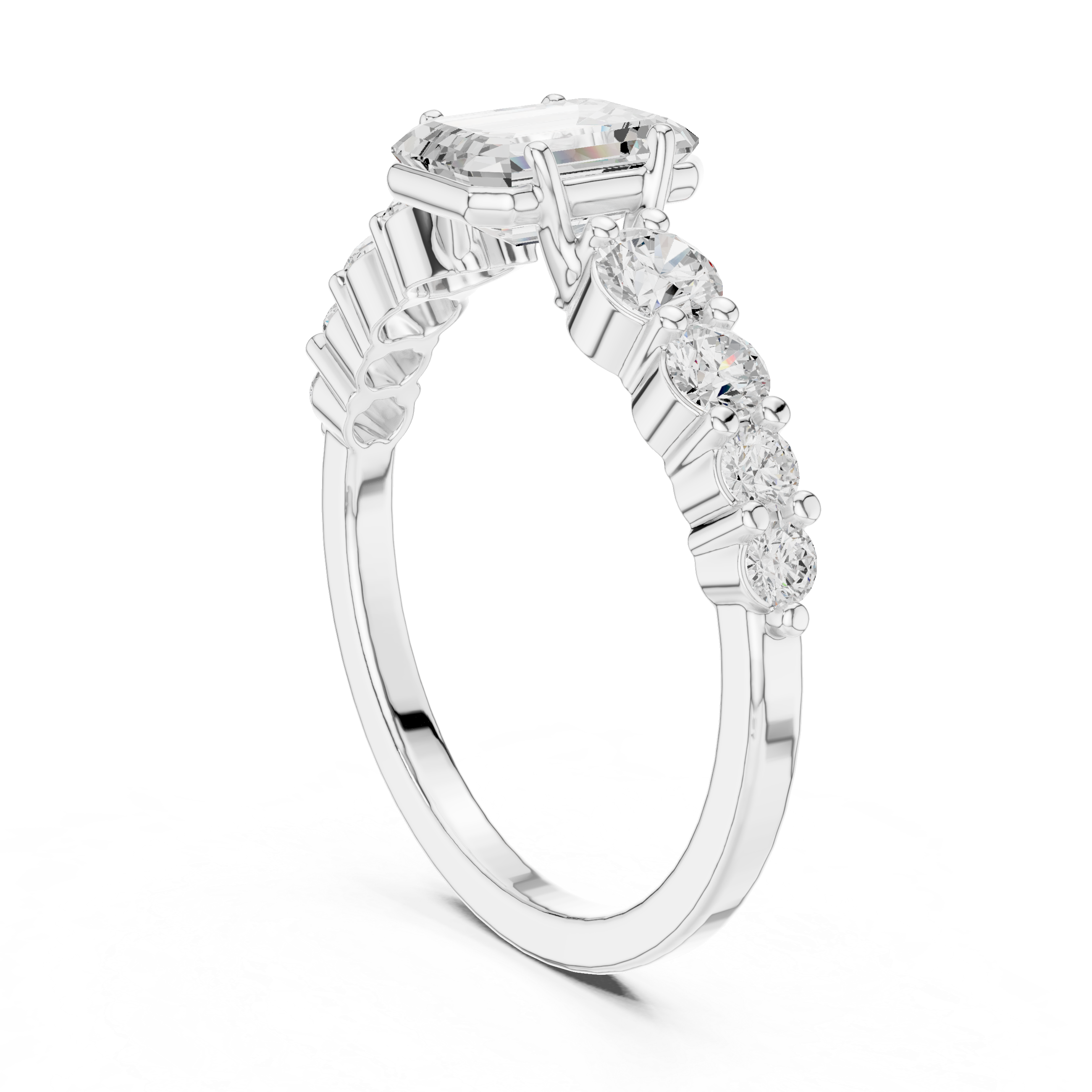Emerald-Cut Bezel & Graduated Shared-Prong Diamond Ring