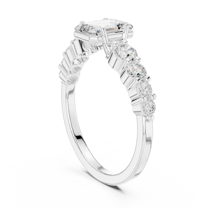 Emerald-Cut Bezel & Graduated Shared-Prong Diamond Ring