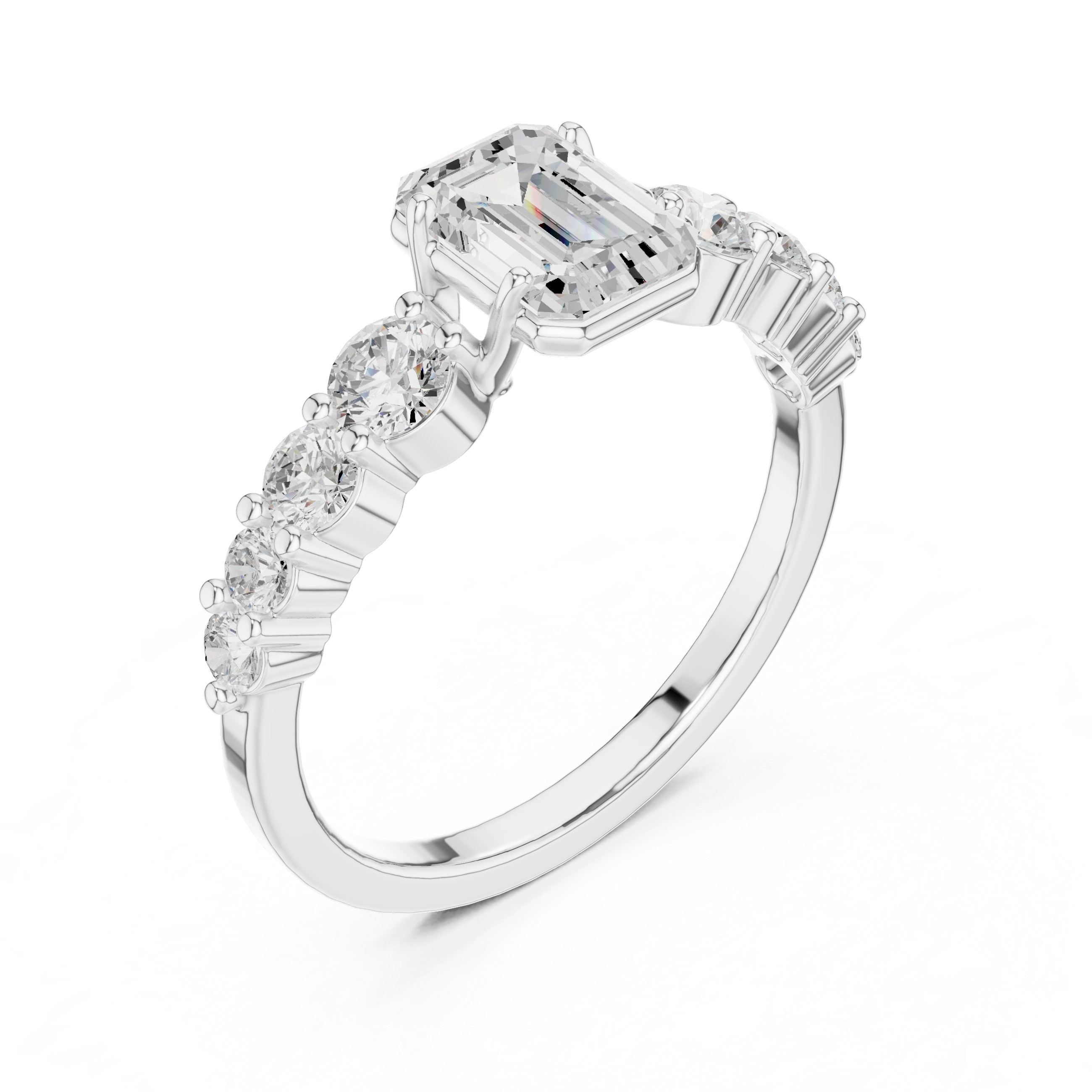 Emerald-Cut Bezel & Graduated Shared-Prong Diamond Ring