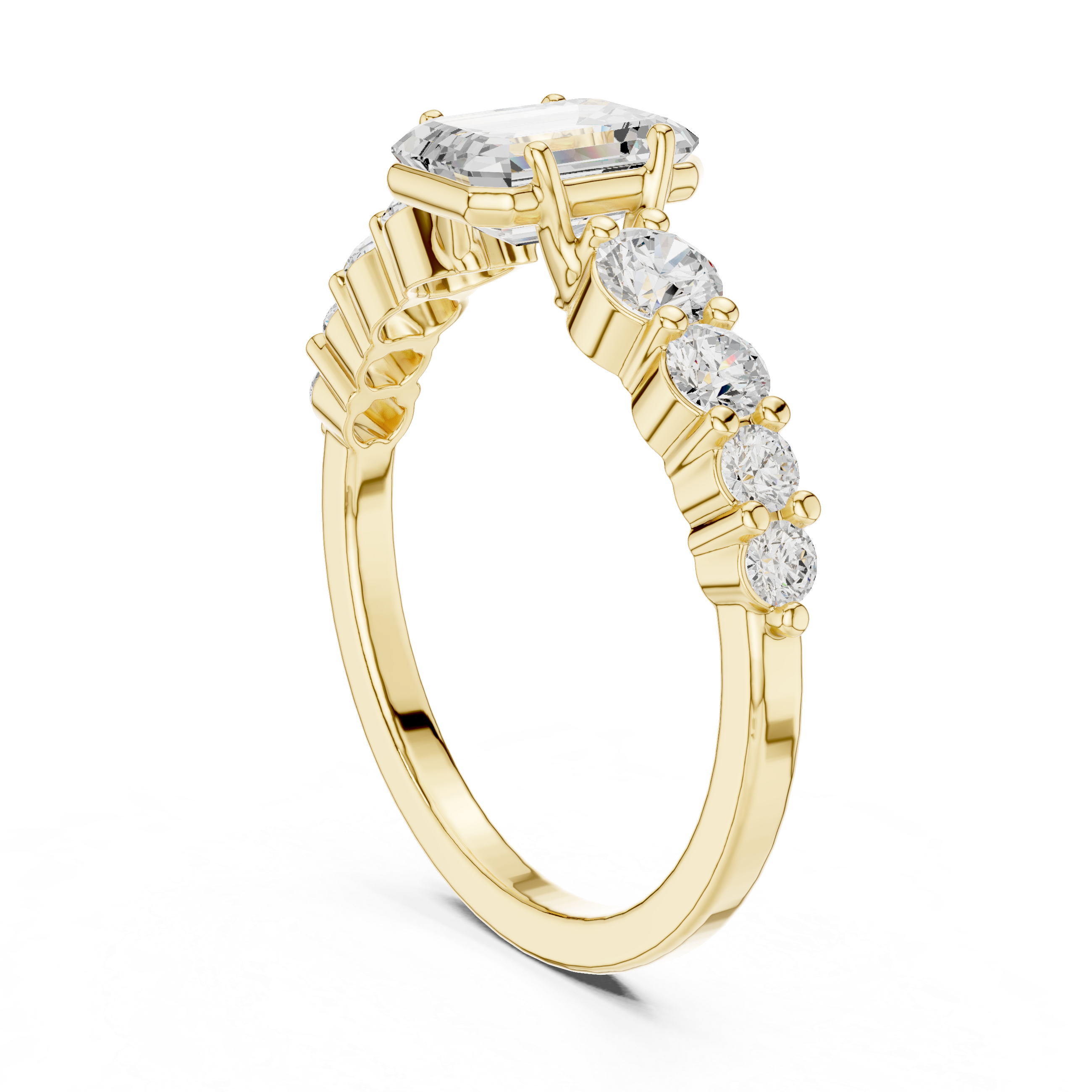 Emerald-Cut Bezel & Graduated Shared-Prong Diamond Ring