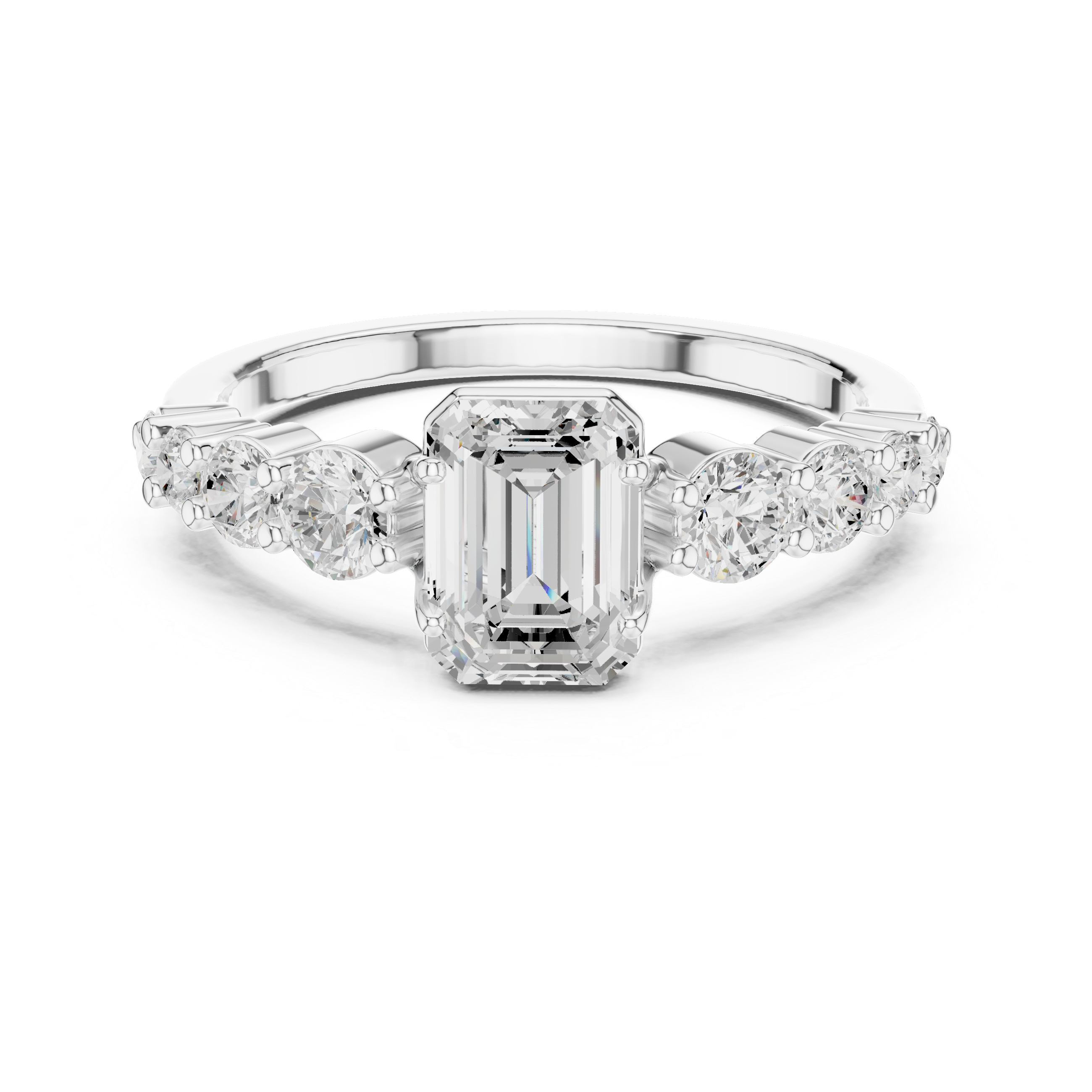 Emerald-Cut Bezel & Graduated Shared-Prong Diamond Ring