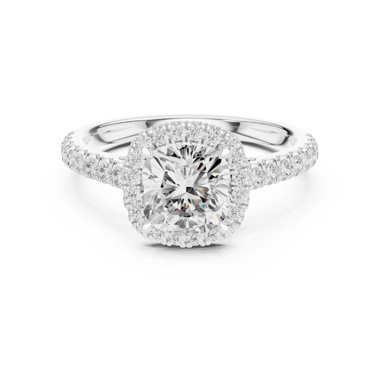 Cushion-Cut Diamond Halo Engagement Ring with Pavé Band