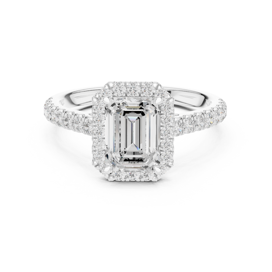 Emerald-Cut Diamond Halo Engagement Ring with Pavé Band