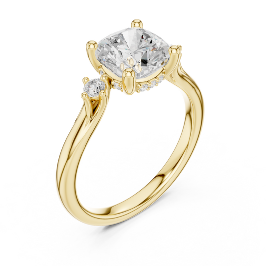 Cushion Cut Hidden Halo Side-Stone Ring