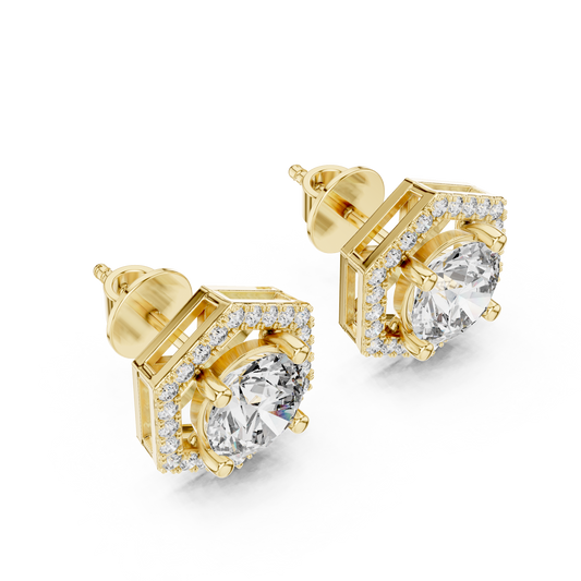 Hexagonal Halo Diamond Stud Earrings