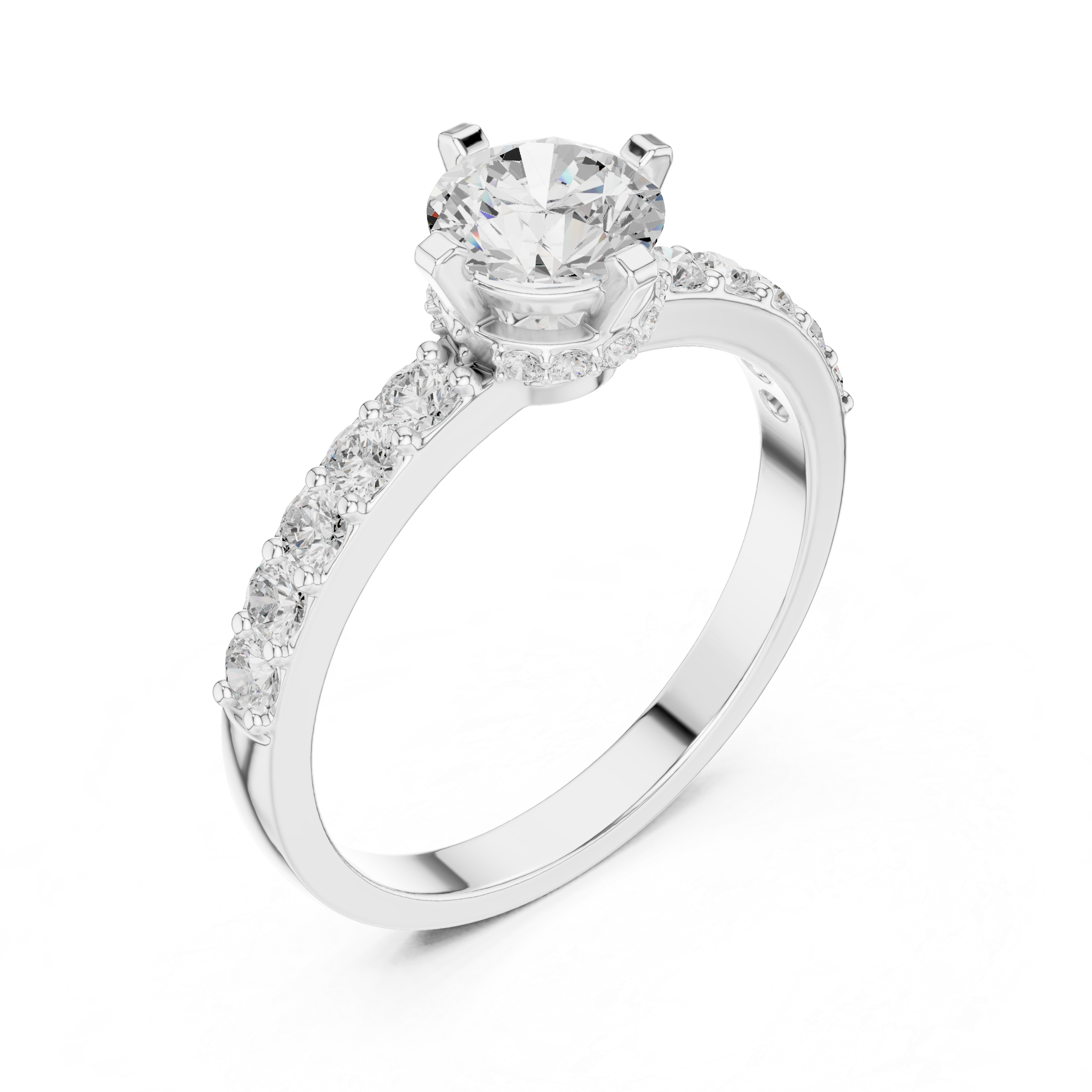 Hidden Crown Solitaire Ring with Pavé Band