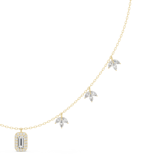 Emerald Cut Halo & Marquise Floral Fringe Necklace