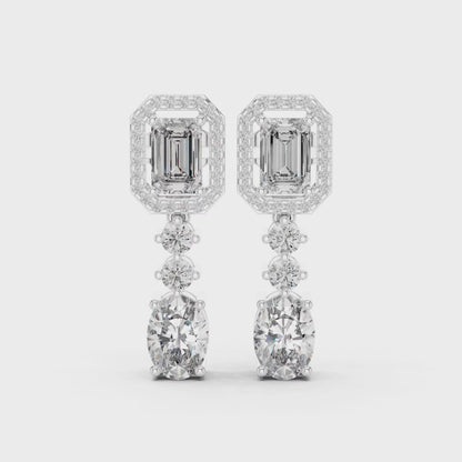 Emerald Halo & Oval Drop Diamond Earrings