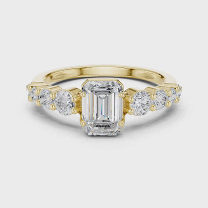 Emerald-Cut Bezel & Graduated Shared-Prong Diamond Ring