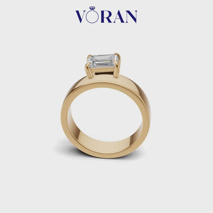 Emerald Cut Diamond Wide Cigar Band Solitaire Ring