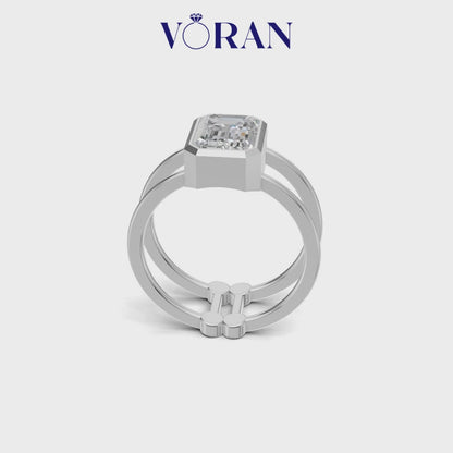 Emerald Cut Diamond Bezel Solitaire Double-Band Ring