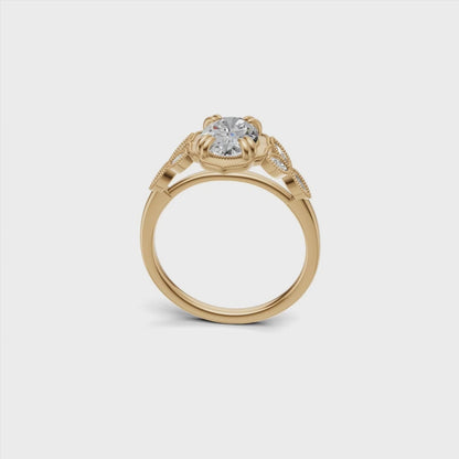 Oval Solitaire Diamond Ring with Marquise Leaf Shoulders
